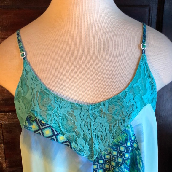 GlamDoll sz Med. Tent sundress teal, blue, green, and yellow/lace panels/lined - Picture 3 of 13